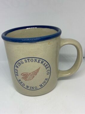 Red Wing Stoneware Co Coffee Mug Minnesota Made USA blue rim w/ Advertising